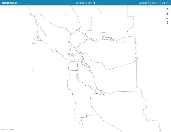 The same Bay Area counties, with each polygon clipped to the coastline so the bay is visible between them