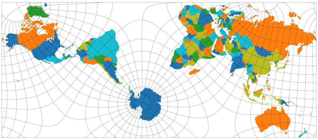 CALM tetrahedral world projection, with a graticule and neatline