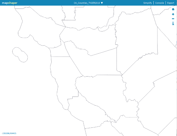 Bay Area counties from the Census TIGER file, with boundaries cutting across the bay and extending offshore