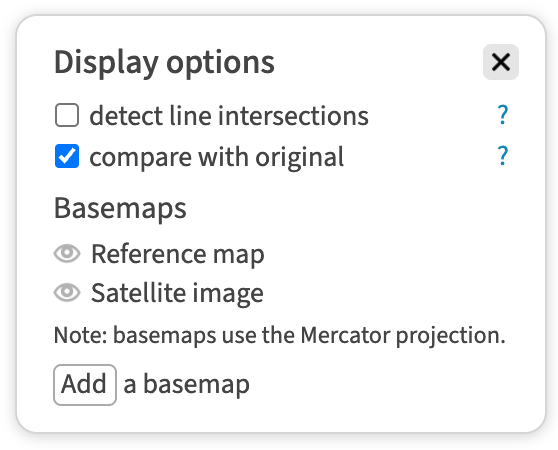 The Display options panel, with checkboxes for detect line intersections and compare with original, and a Basemaps section listing Reference map and Satellite image
