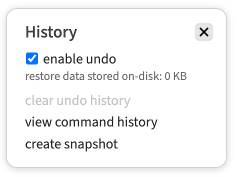 The History menu, with an enable undo checkbox, a line reading restore data stored on-disk: 0 KB, and links to clear undo history, view command history and create snapshot
