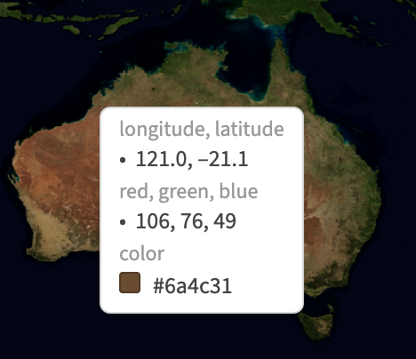 The right-click menu over a satellite image, showing longitude and latitude, red, green and blue band values, and a color tile beside a hex color